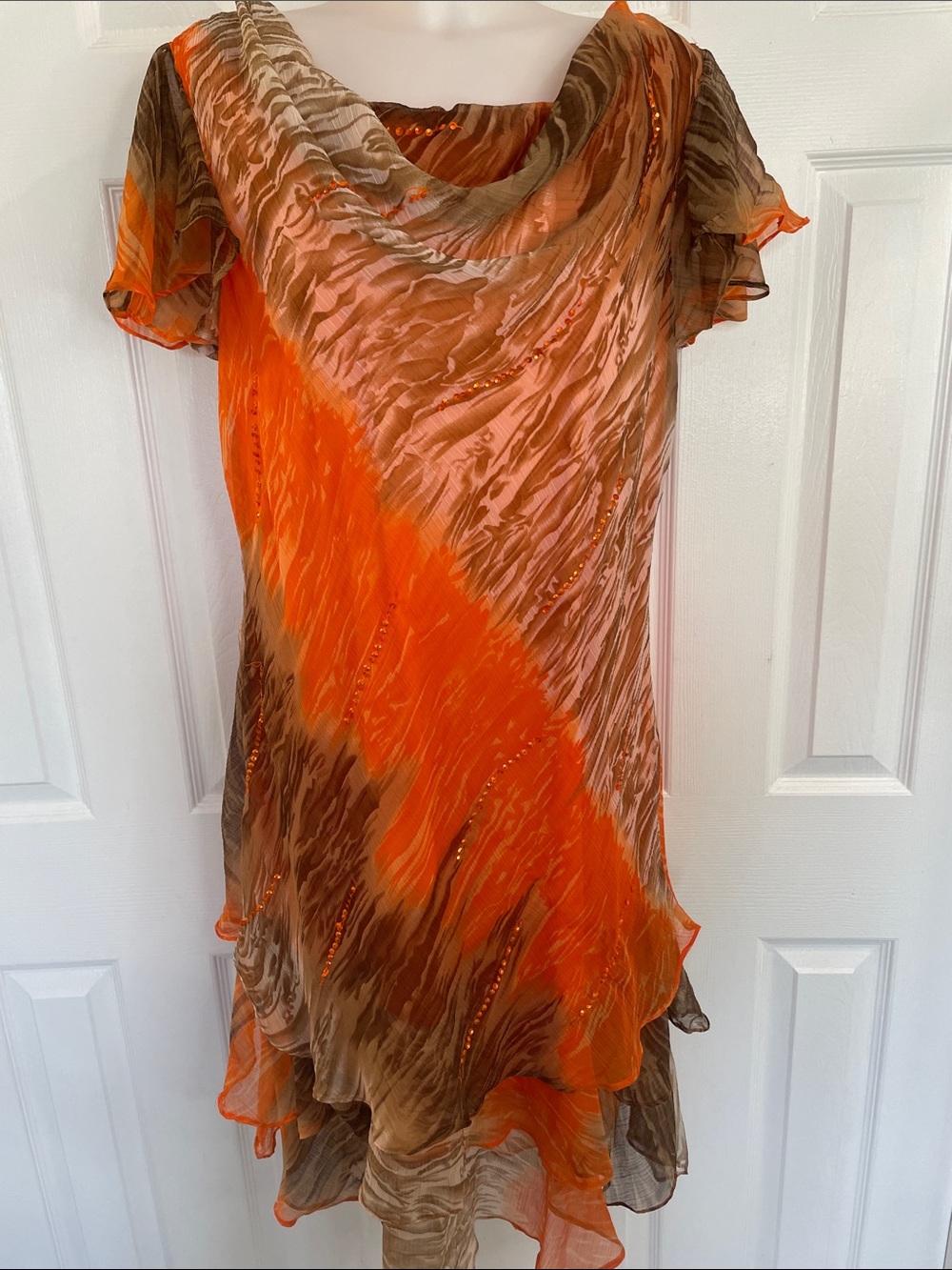 JESSICA TAYLOR ORANGE & BROWN FLUTTER SLEEVES RUFFLED TIERD HEM MAXI DRESS SZ 2X